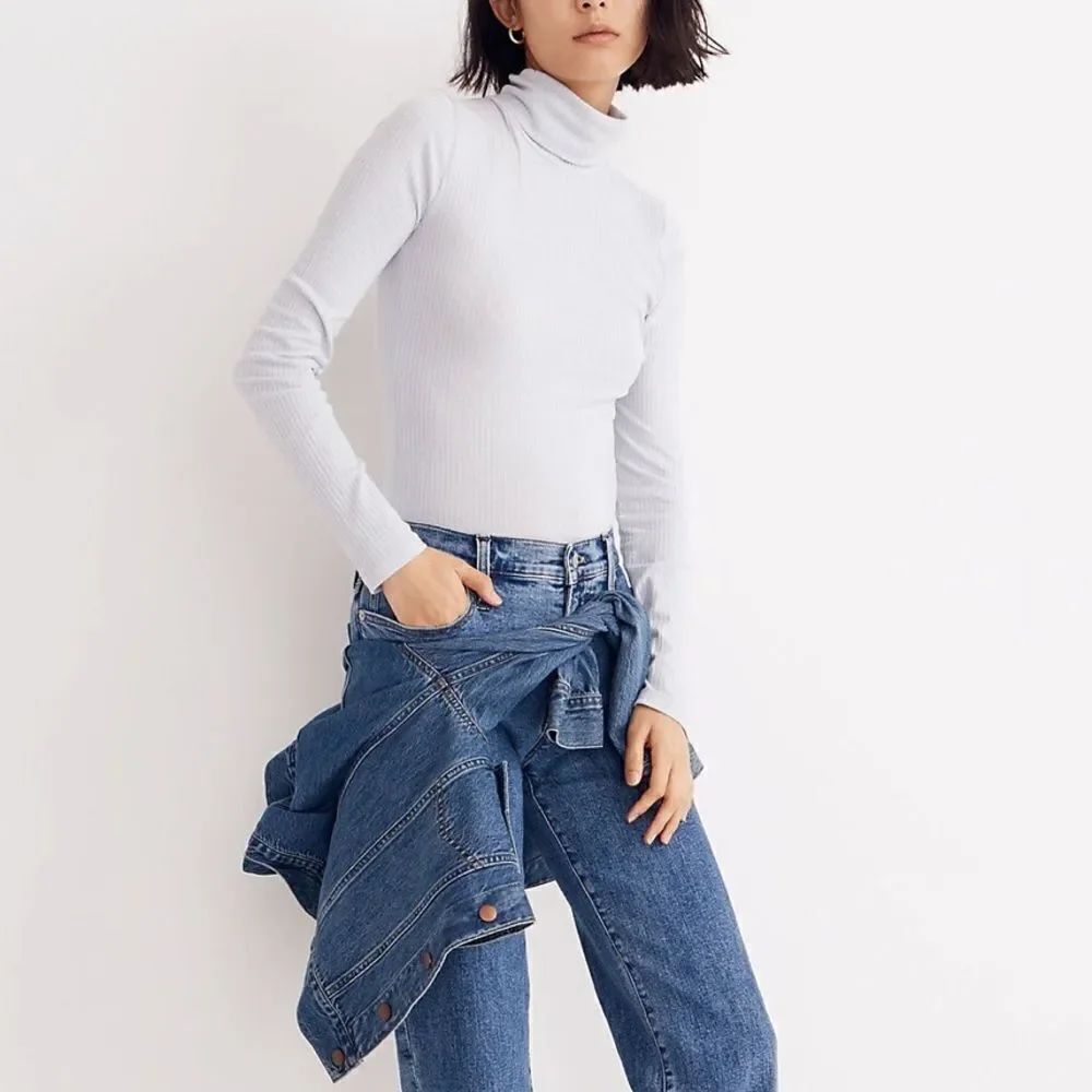 Madewell Ribbed Turtleneck Top Long Sleeves Medium Light Blue NEW